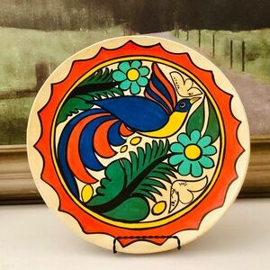 Mestizo Folk Art Tonala Mexican Hand painted Platter Florals Bird Ixtapa 1987
